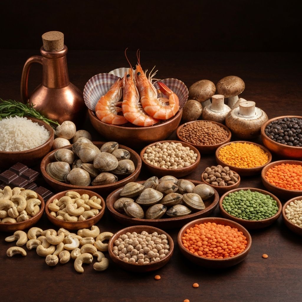 Copper-rich foods including nuts, seeds, and shellfish
